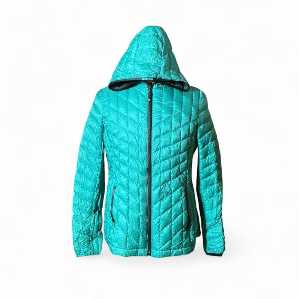 Turquoise Quilted Hooded Puffer Jacket Zip‎ Front Lightweight Casual Outerwear